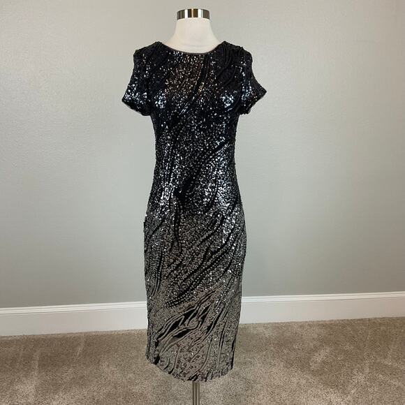 Betsy & Adam Sequined Midi Sheath Cocktail Dress Black and Silver Size 8 - Picture 2 of 10